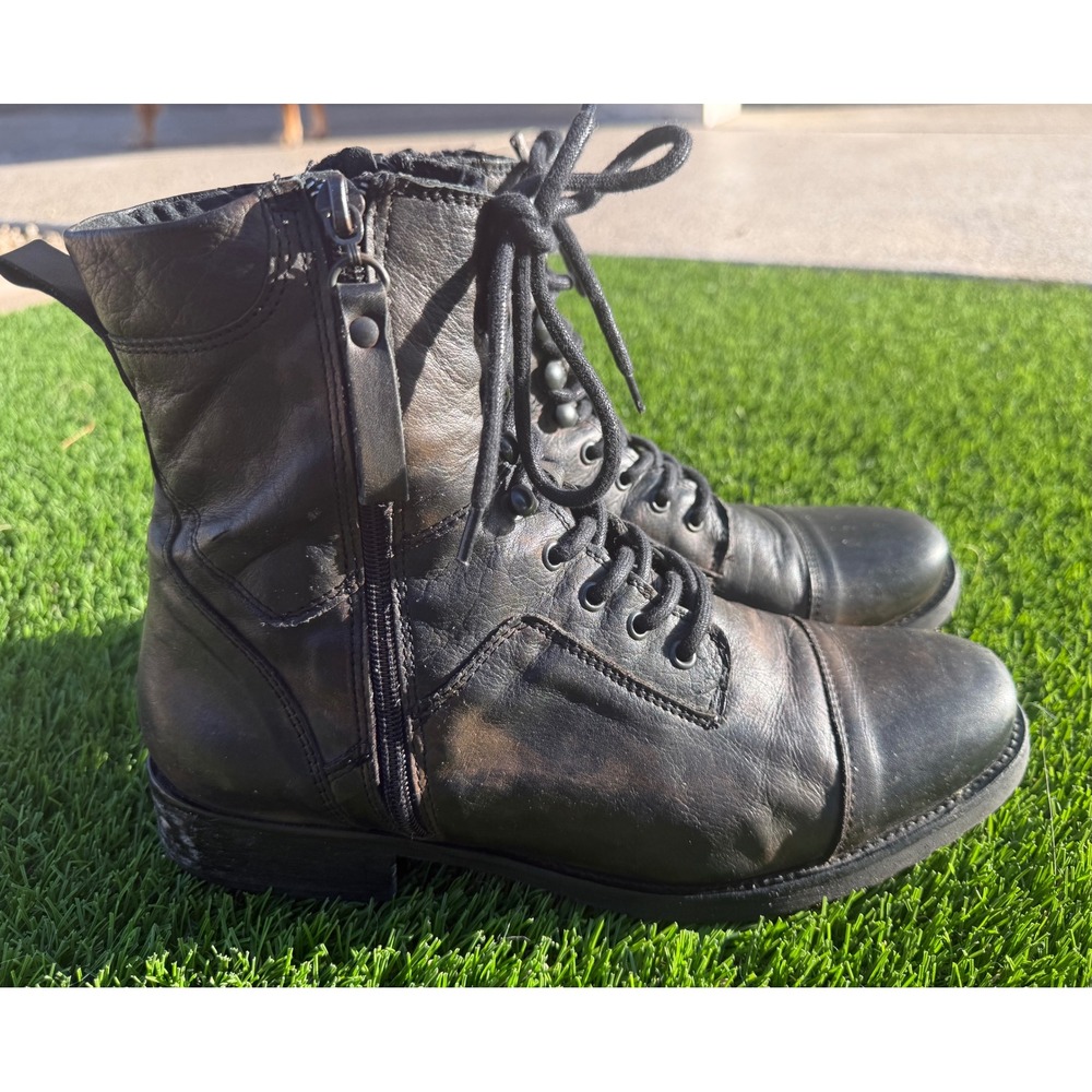 Aldo Mens Black Brown Leather Side Zip Combat Boots Size 8 US Distressed Cap Toe